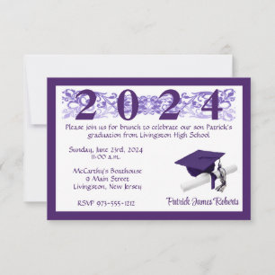 Invitation Cap & Diploma, White & Purple Graduation