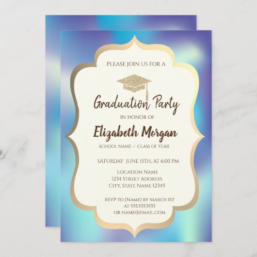 Invitation Cap Holographique Blue Graduation Part (Devant / Derrière)