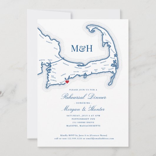 Invitation Cape Cod Map Dîner De Répétition Élégant (Devant)