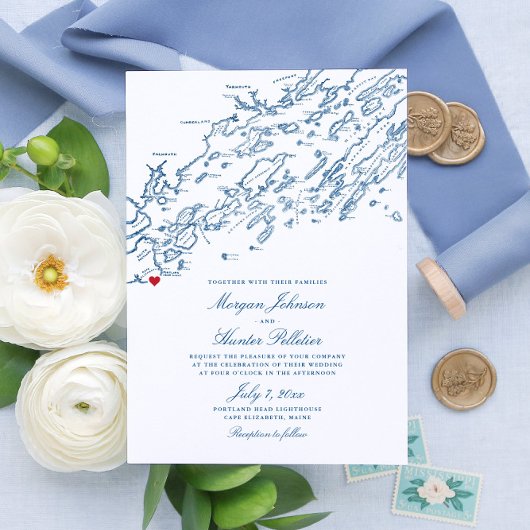 Invitation Cape Elizabeth Maine Elegant Marine Map Mariage