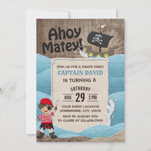 Invitation Capitaine pirate Ahoy Boy 8e fête d'anniversaire (Devant)