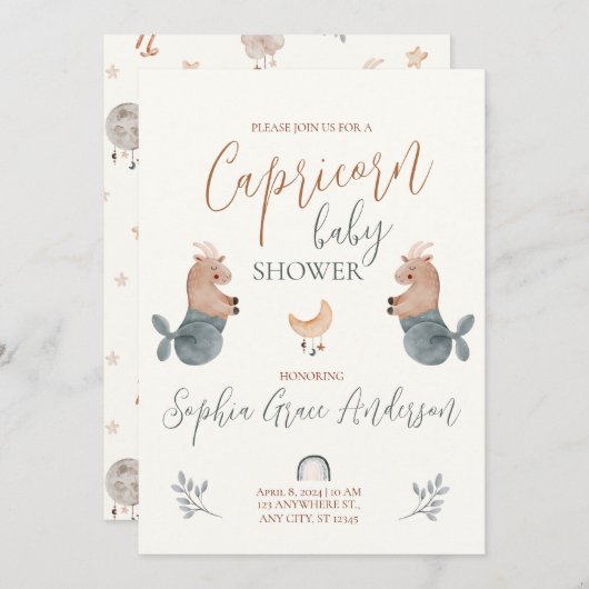 Invitation Capricorn Panneau Zodiac baby shower (Devant / Derrière)