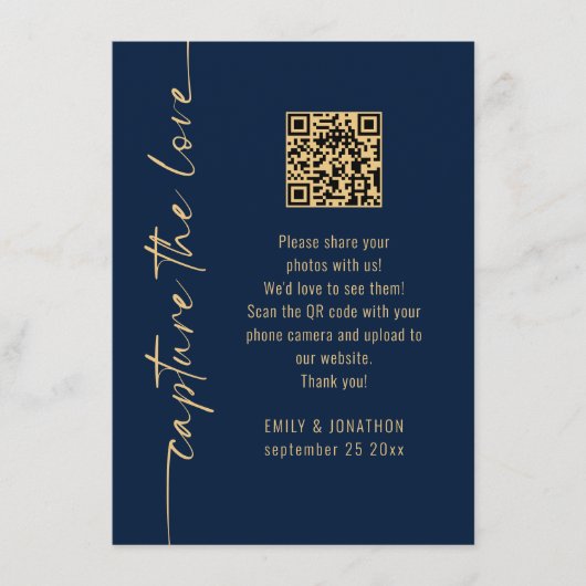 Invitation Capture the Love QR Code Navy Gold Wedding Card (Devant)