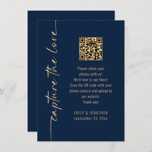 Invitation Capture the Love QR Code Navy Gold Wedding Card (Devant / Derrière)