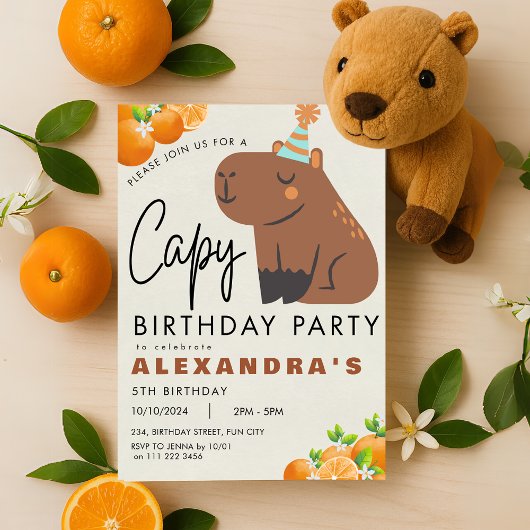 Invitation Capybara Anniversaire Cute Orange Tangerine Capiba