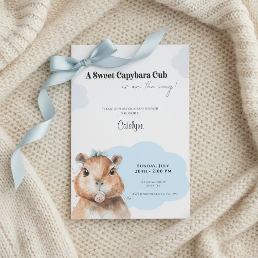 Invitation Capybara Baby Shower • Blue Bow Theme