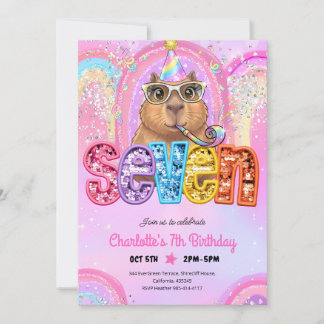 Invitation Capybara Préppy Rose 7e Anniversaire