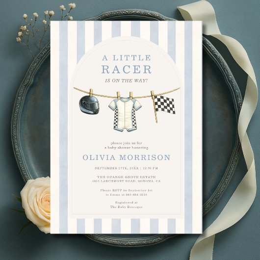Invitation Car Racing Clothesline Blue Baby Shower