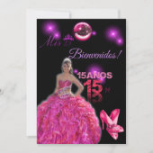 Invitation card of 15 black with fuxia bienvenidos (Devant)