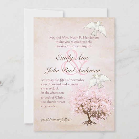 Invitation Cardiaque Pink et Inséparable Brown Tree Dove (Devant)