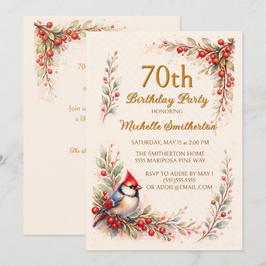 Invitation Cardinal Bird Watercolor Floral 70th Birthday (Devant / Derrière)