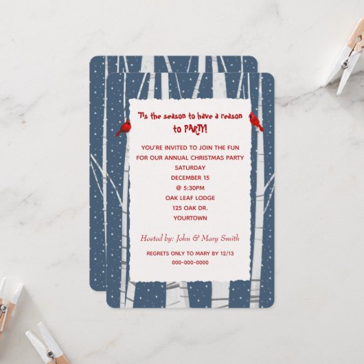 Invitation Cardinal de Noël de Birch Blanc et Snowflakes (Devant/Arrière en situation)