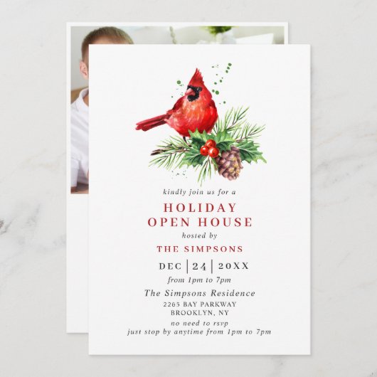 Invitation Cardinal Holly Berry Maison ouverte de Noël (Devant / Derrière)