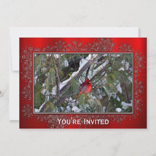 Invitation Cardinal Snow Pine Tree Photo Noël (Devant)