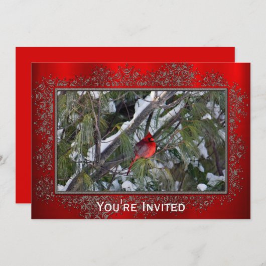 Invitation Cardinal Snow Pine Tree Photo Noël (Devant / Derrière)
