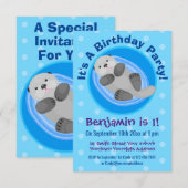 Invitation Caricature bleu loutre de mer joyeux (Devant / Derrière)