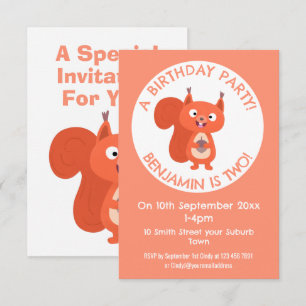 Invitation Caricature d'anniversaire d'écureuil rouge mignon
