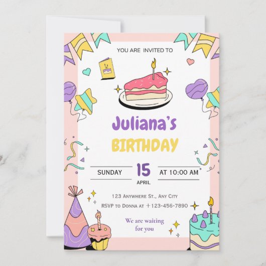 Invitation Caricature d'anniversaire violet rose jaune illust (Devant)