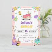 Invitation Caricature d'anniversaire violet rose jaune illust (Debout devant)