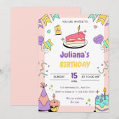 Invitation Caricature d'anniversaire violet rose jaune illust (Devant / Derrière)