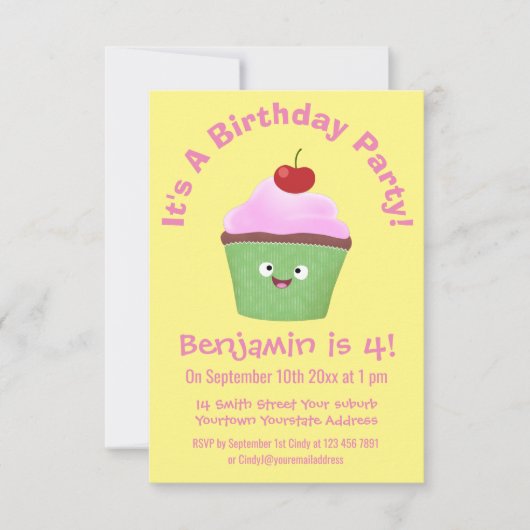 Invitation Caricature de cupcake joyeux (Devant)