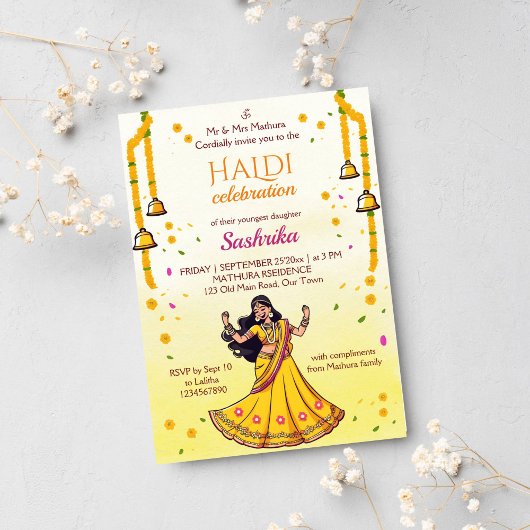Invitation Caricature de la mariée du mariage indien Haldi pi
