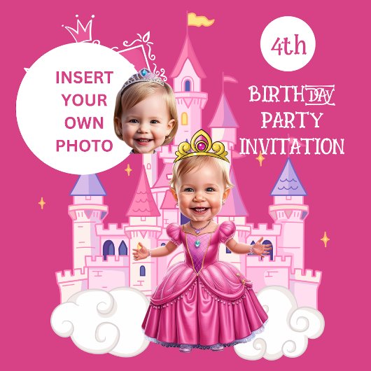 Invitation Caricature de la princesse 4e anniversaire rose ch