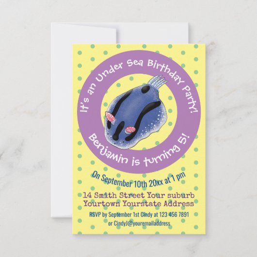 Invitation Caricature de nudibranche bleu mignon (Devant)