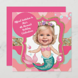 Invitation Caricature de sirène rose et Turquoise du 4e anniv