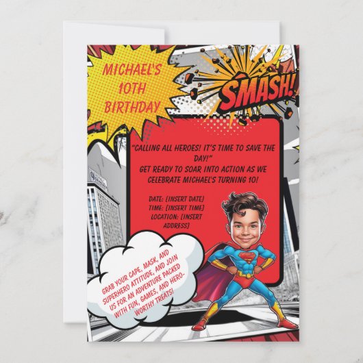Invitation Caricature de super-héros jaune et rouge personnal (Dos)