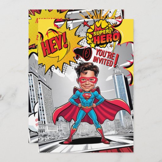 Invitation Caricature de super-héros jaune et rouge personnal (Devant / Derrière)