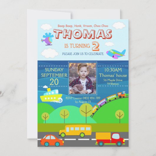 Invitation Caricature de transport Personnaliser Anniversaire (Devant)