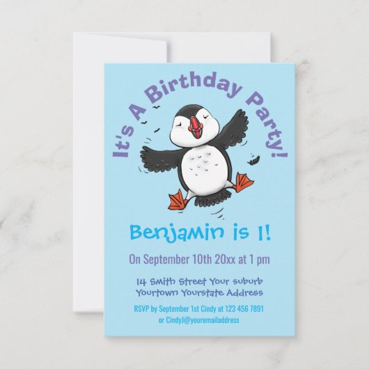 Invitation Caricature en bleu bouffin joyeux (Devant)