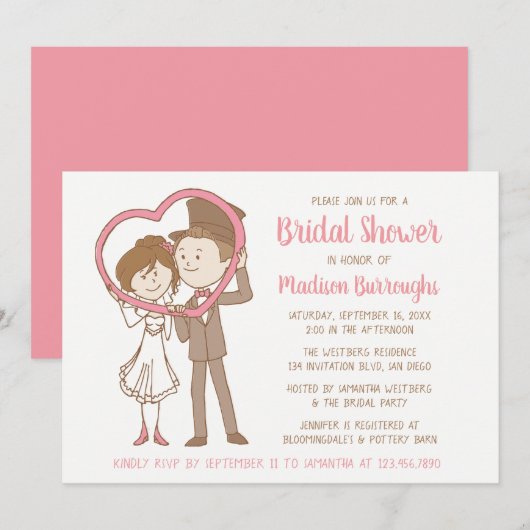 Invitation Caricature Fête de l'mariée rose Coeur de la marié (Devant / Derrière)