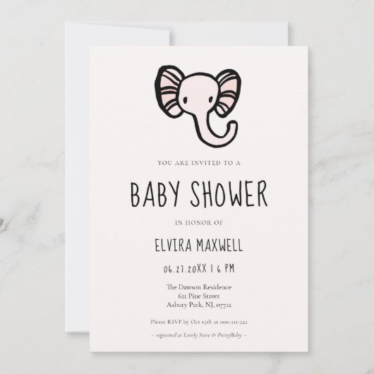 Invitation Caricature mignonne Baby shower d'éléphant rose In (Devant)