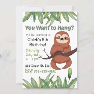 Invitation Caricature mignonne pendue Sloth Birthday