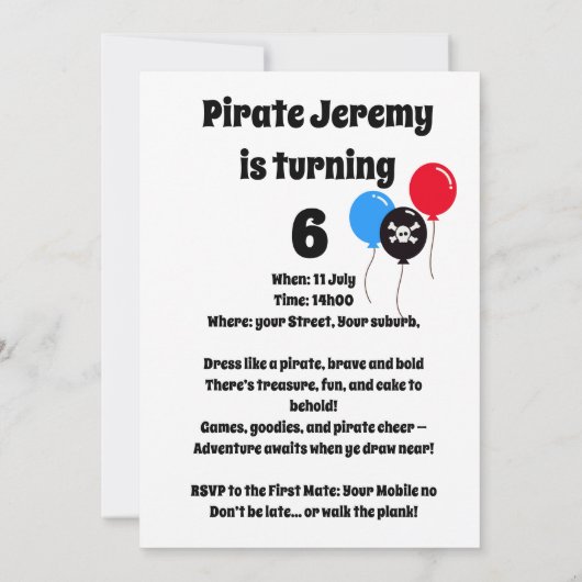 Invitation Caricature mignonne pour enfants pirate sur l'île (Dos)