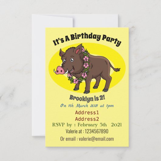 Invitation Caricature mignonne sanglier et fleurs (Devant)