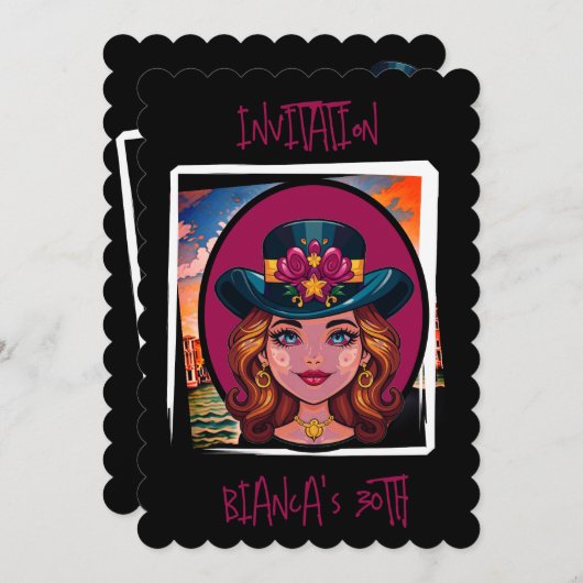 Invitation Caricature personnalisée femme avec casquette 30e (Devant / Derrière)