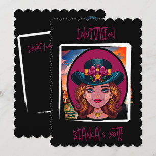 Invitation Caricature personnalisée femme avec casquette 30e 
