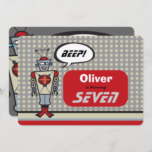 Invitation Caricature Rétro Robot Cute Kids Boy Anniversaire (Devant / Derrière)