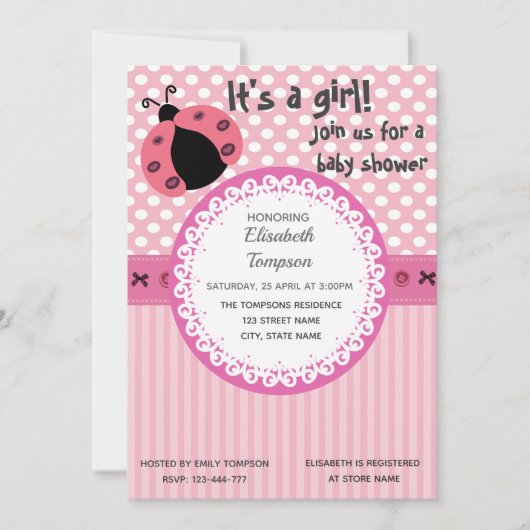 Invitation Caricature rose mignon baby shower ladybug (Devant)