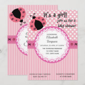 Invitation Caricature rose mignon baby shower ladybug (Devant / Derrière)