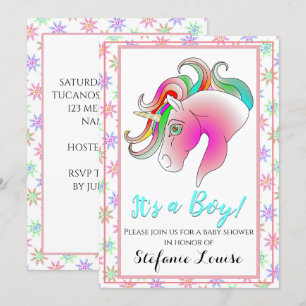 Invitation Caricature Unicorn Arc en ciel C'est un garçon ! (