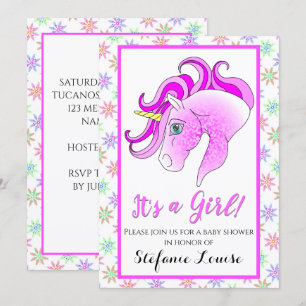 Invitation Caricature Unicorne violet Dapple C'est une fille!