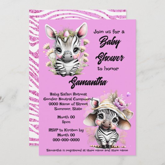 Invitation Caricature Zebra mignon safari jungle filles parti (Devant / Derrière)