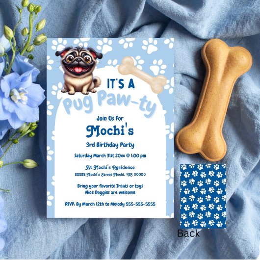 Invitation Carlin Bleu mignon Doggie Anniversaire Paw ty