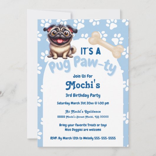 Invitation Carlin Bleu mignon Doggie Anniversaire Paw ty (Devant)