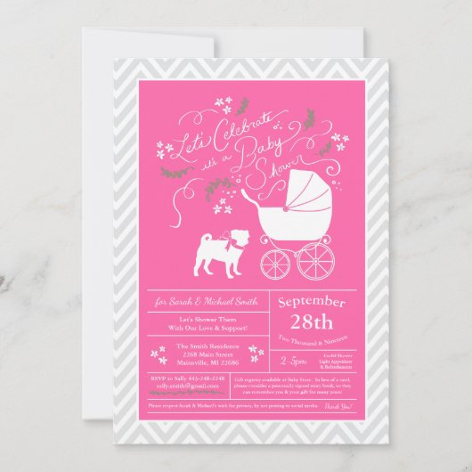 Invitation Carlin chien Baby shower chiot rose fille (Devant)