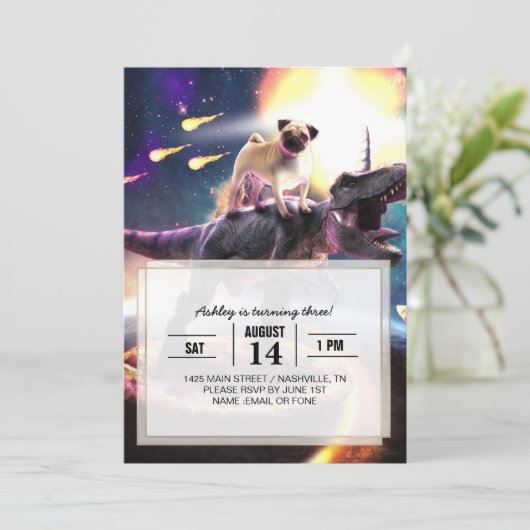 Invitation Carlin équitation dinosaur licorne dans l'espace (Debout devant)